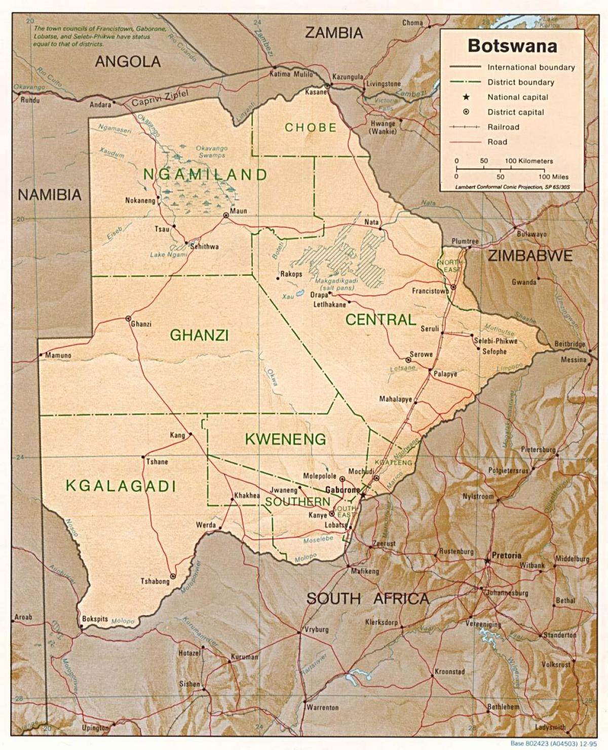 քարտեզ Բոտսվանա ի ցույց տալով քաղաքների ու գյուղերի